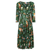 Green Floral & Bird Print 3/4 Sleeve Deep V Neck Wrap Top Tea Dress w/ Empire Waist