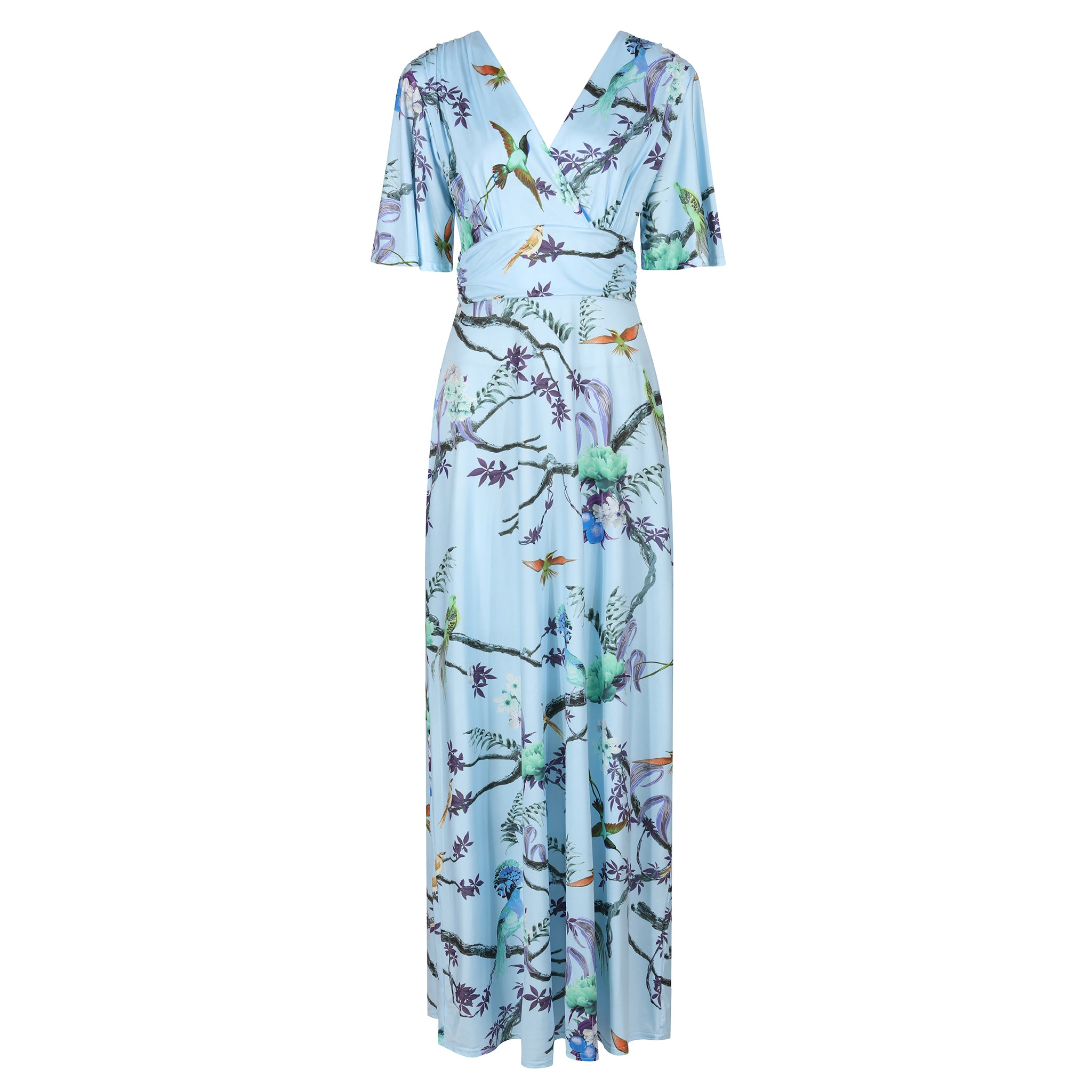 Blue Floral Print Waterfall Sleeve Maxi Dress