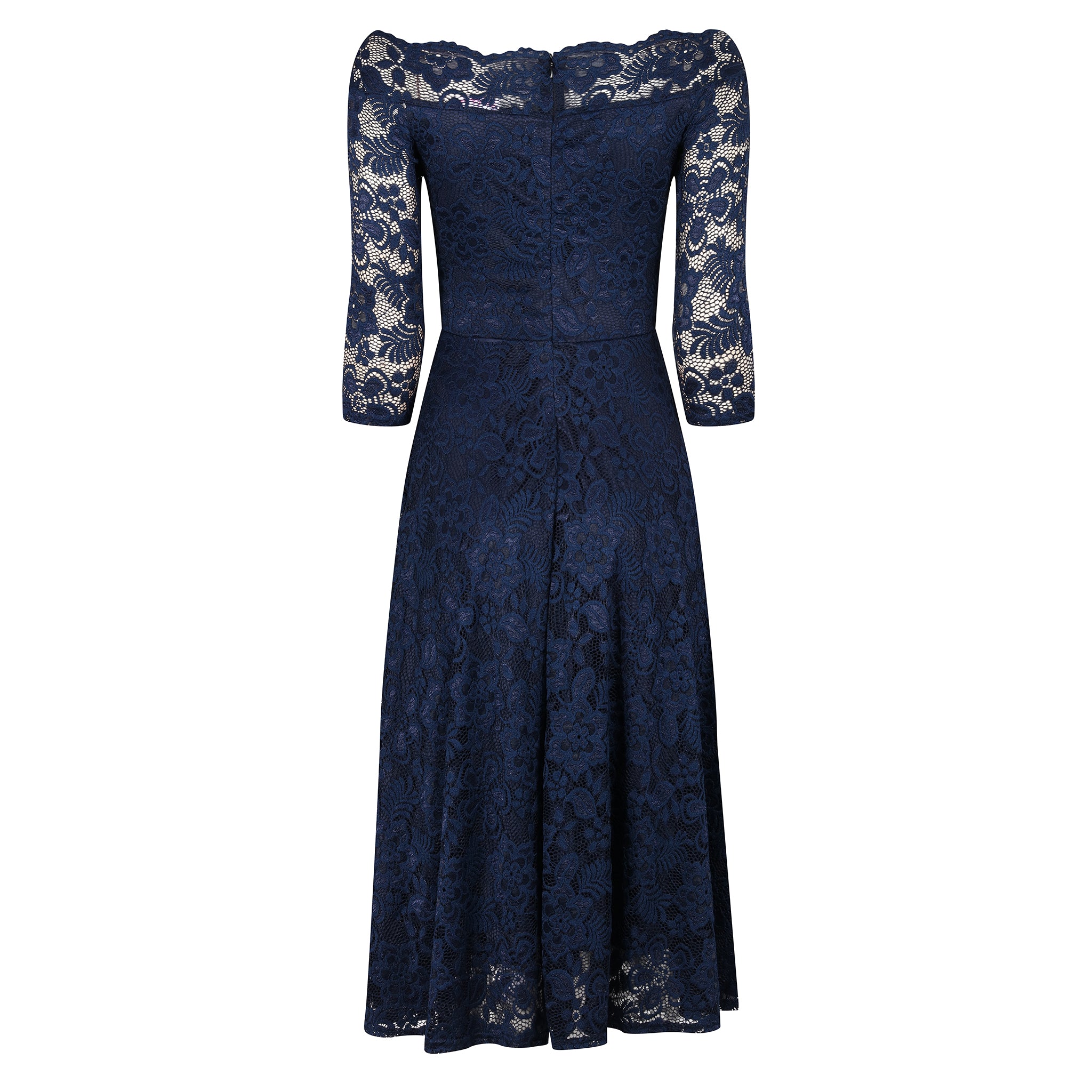 Navy Blue Lace Vintage Style Swing Dress With 3/4 Sleeves & Boat Neck