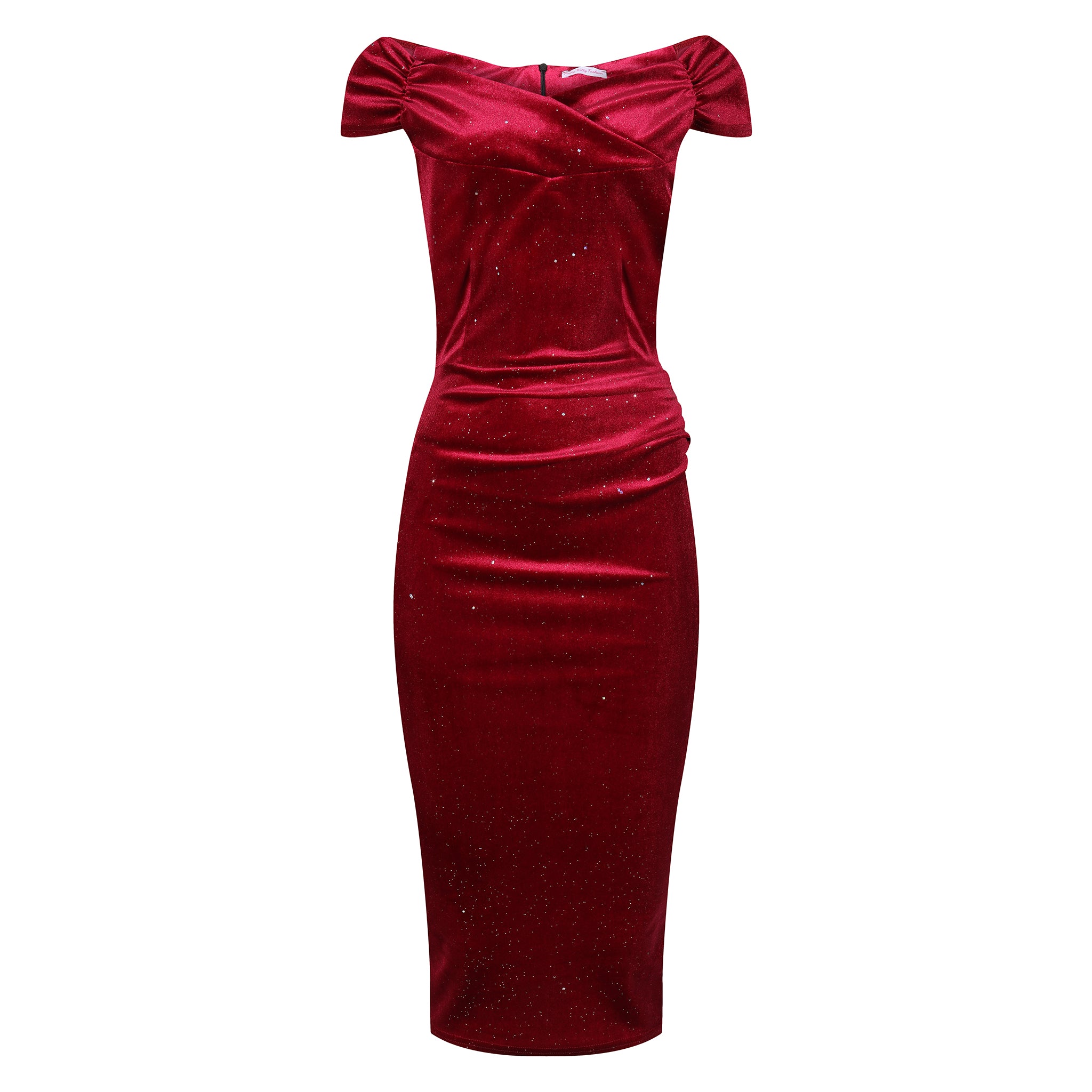 Wine Red Velour Sparkle Cap Sleeve Crossover Top Bardot Wiggle Dress