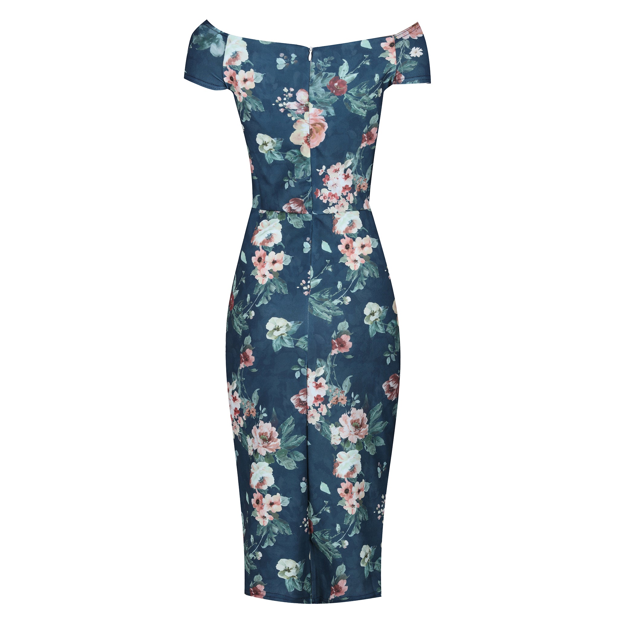 Dark Blue Floral Print Bardot Style On or Off Shoulder Pencil Wiggle Dress