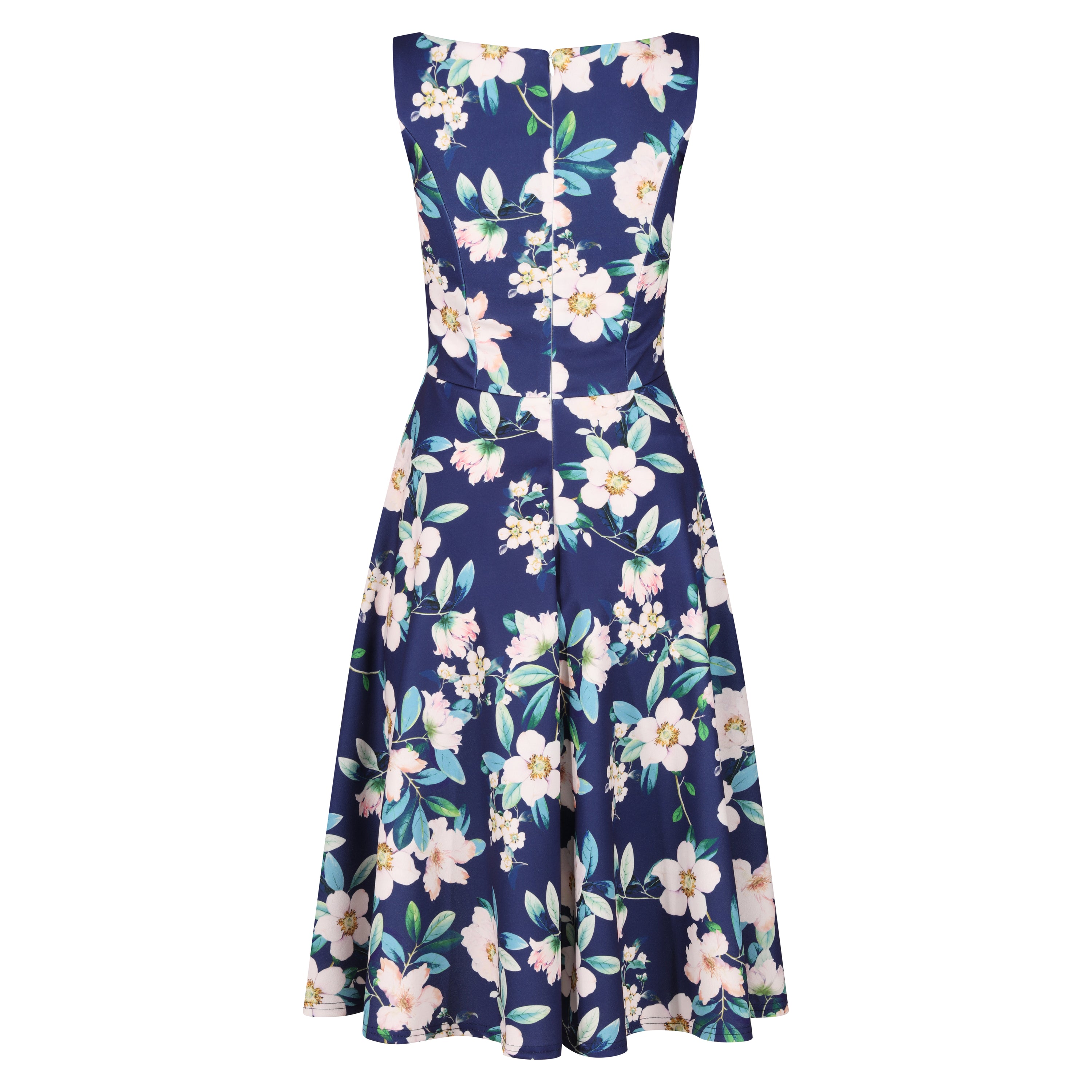 Navy Blue Floral Audrey Hepburn Style Sleeveless 50s Swing Dress With Boat Neckline