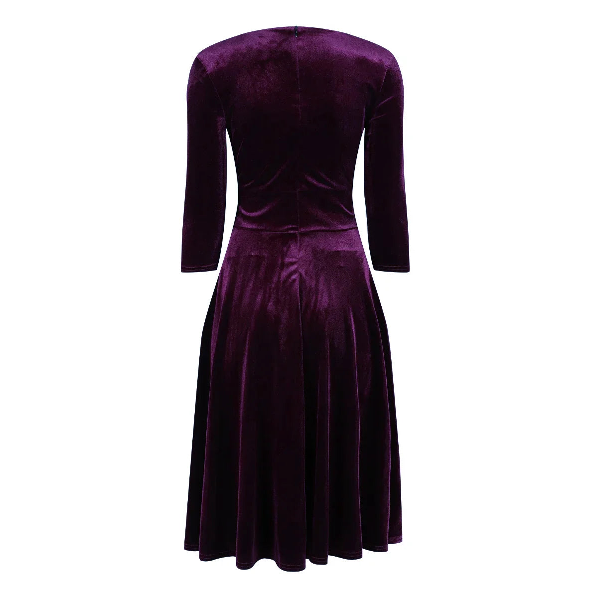 Purple Velour Deep V Wrap 3/4 Sleeve Swing Dress