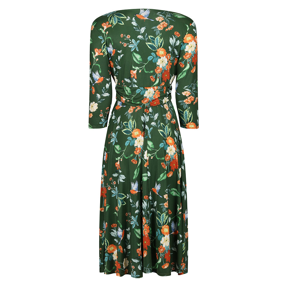 Green Floral & Bird Print 3/4 Sleeve Deep V Neck Wrap Top Tea Dress with Empire Waist