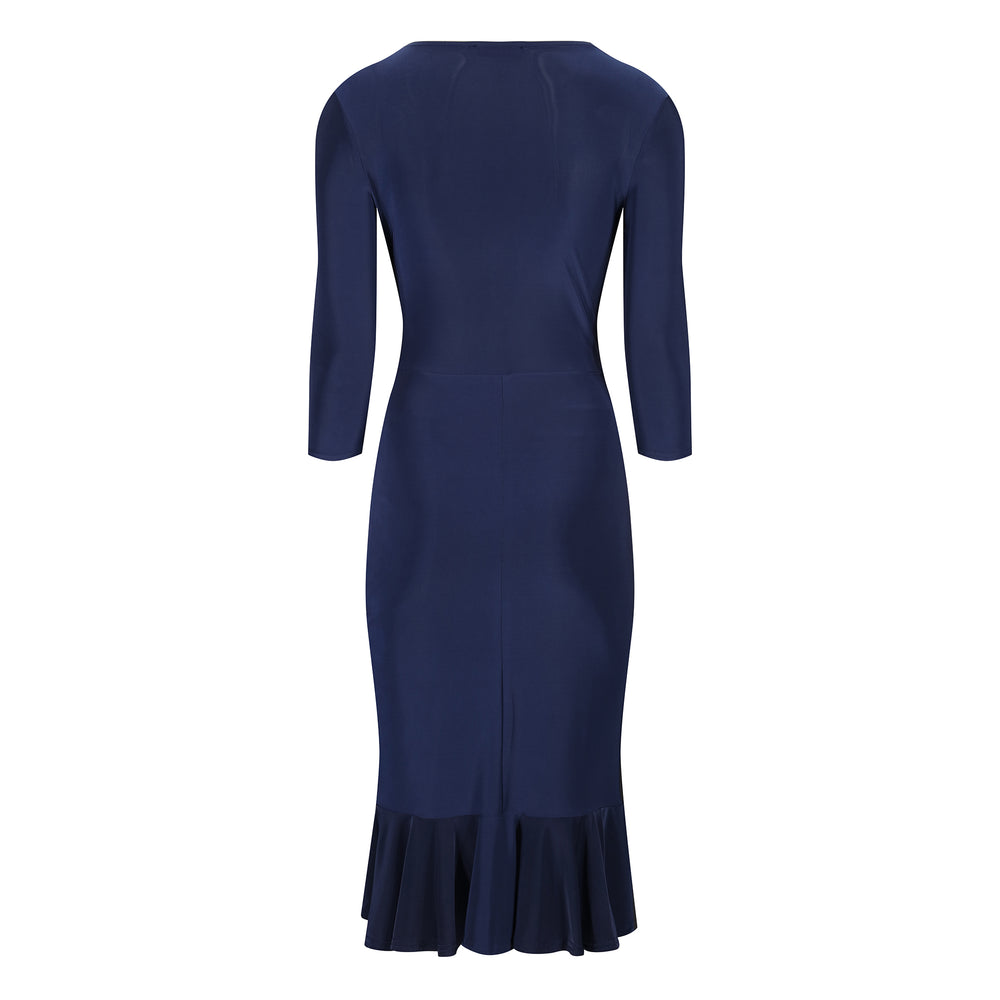 Navy Blue Wrap Effect Cocktail Dress w/ Waterfall Peplum Hem & 3/4 Sleeves