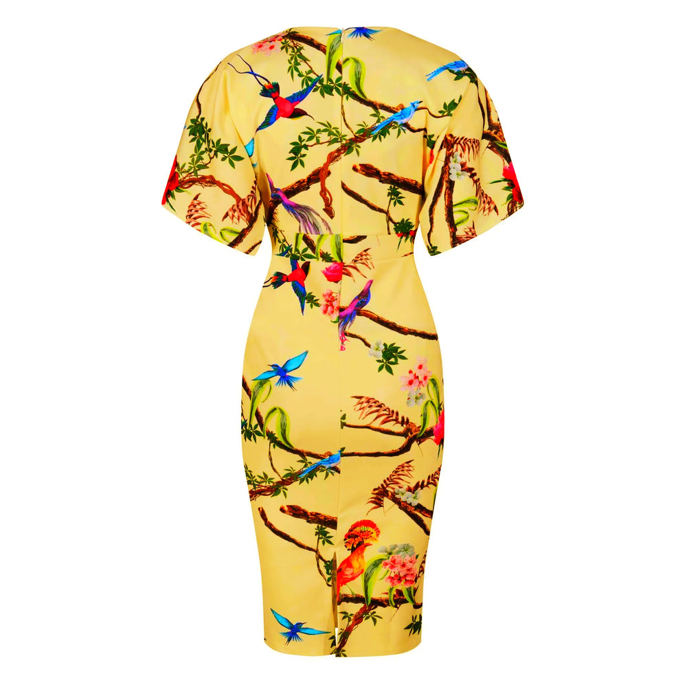 Honey Yellow Floral Bird Half Batwing Sleeve Crossover Top Pencil Dress