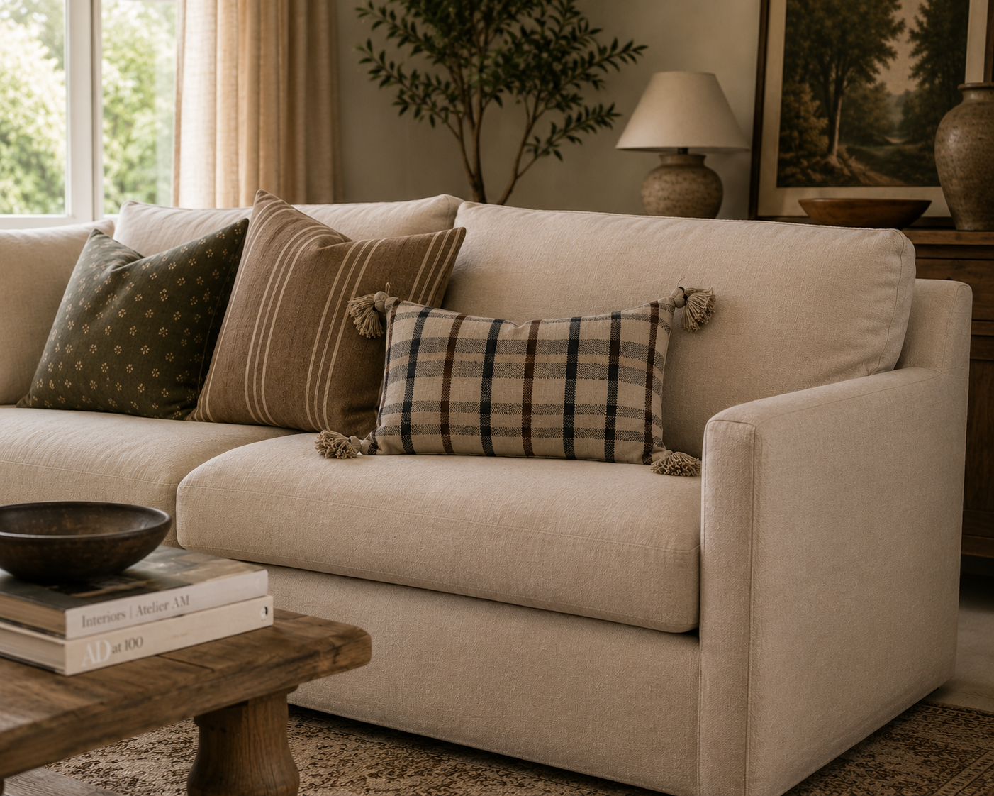 Neutral Checked Tassel Cushion complete with Inner Cushion