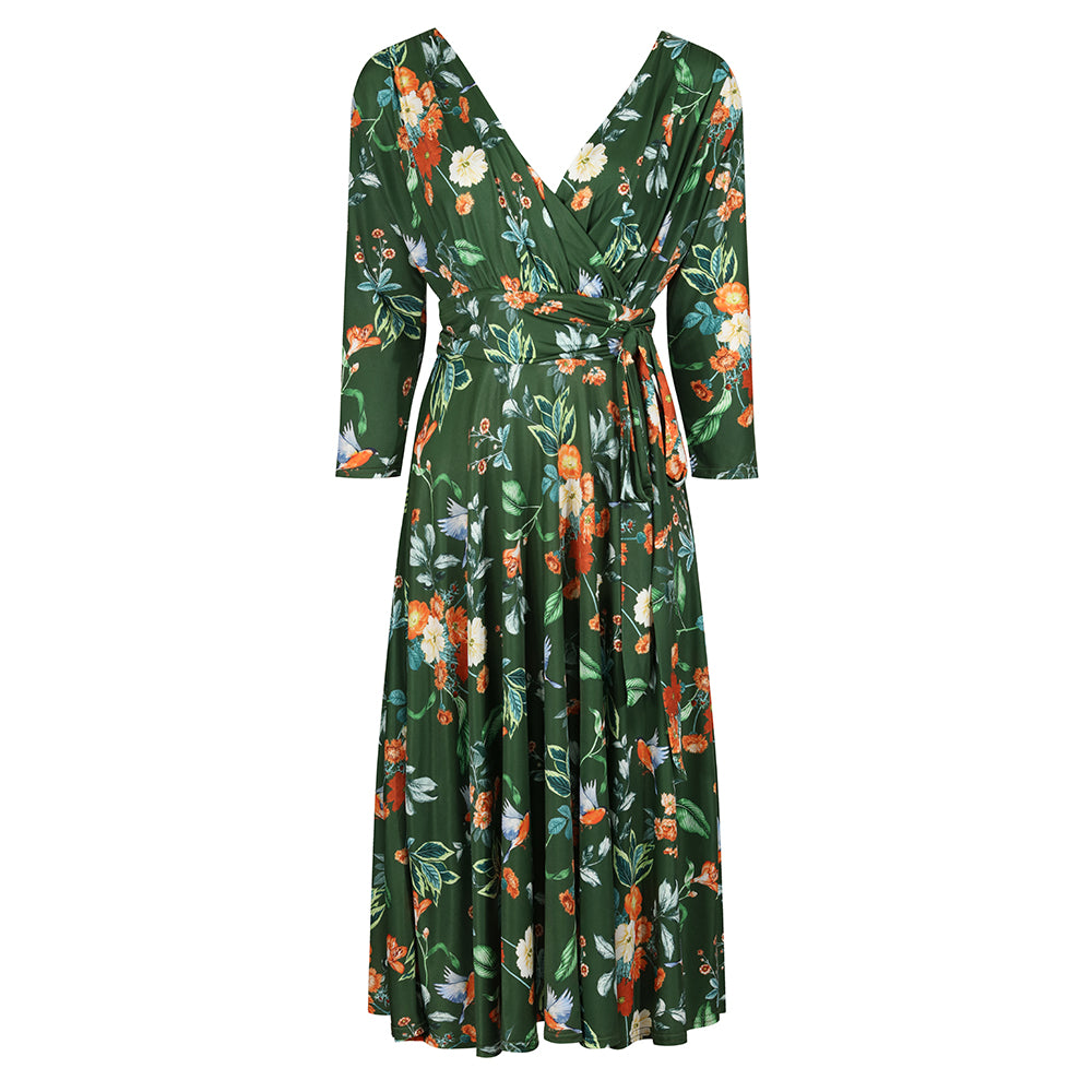 Green Floral & Bird Print 3/4 Sleeve Deep V Neck Wrap Top Tea Dress with Empire Waist