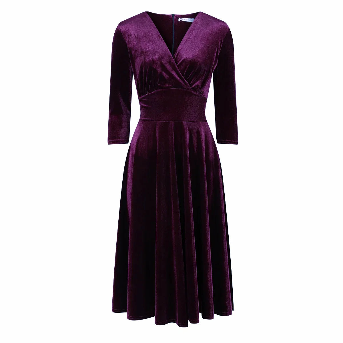 Purple Velour Deep V Wrap 3/4 Sleeve Swing Dress