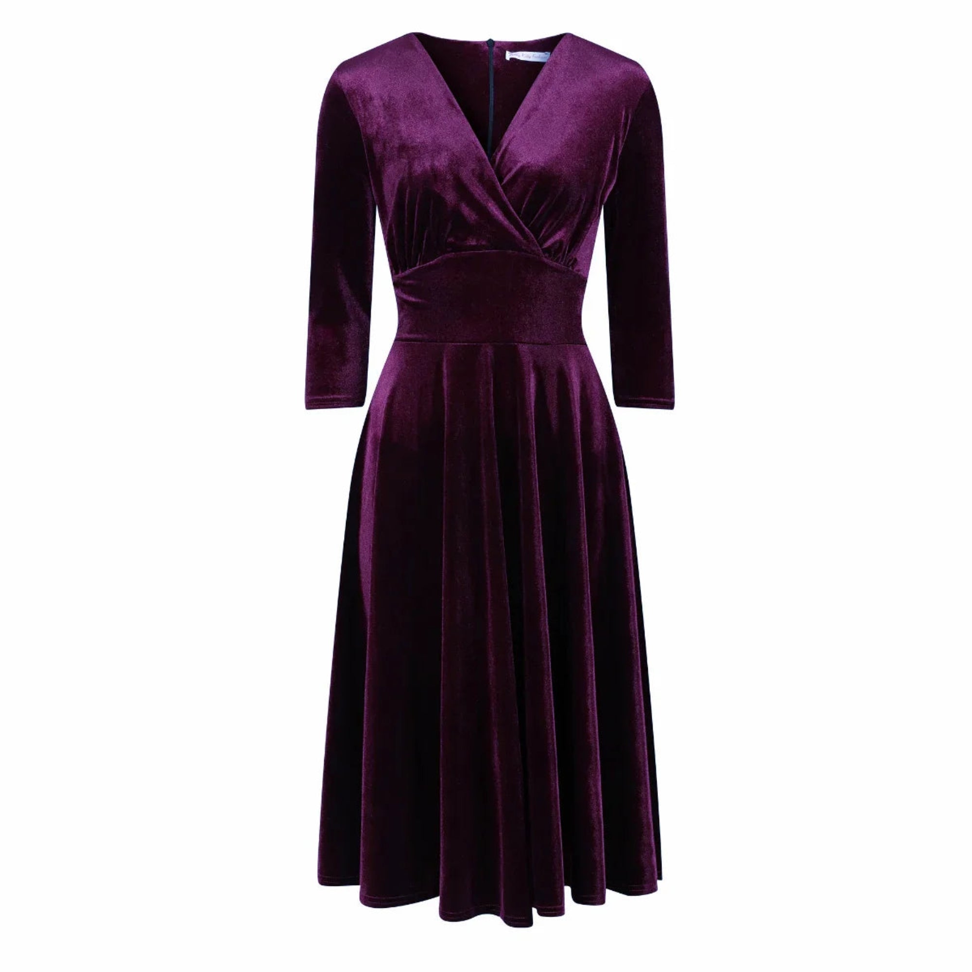 Purple Velour Deep V Wrap 3/4 Sleeve Swing Dress