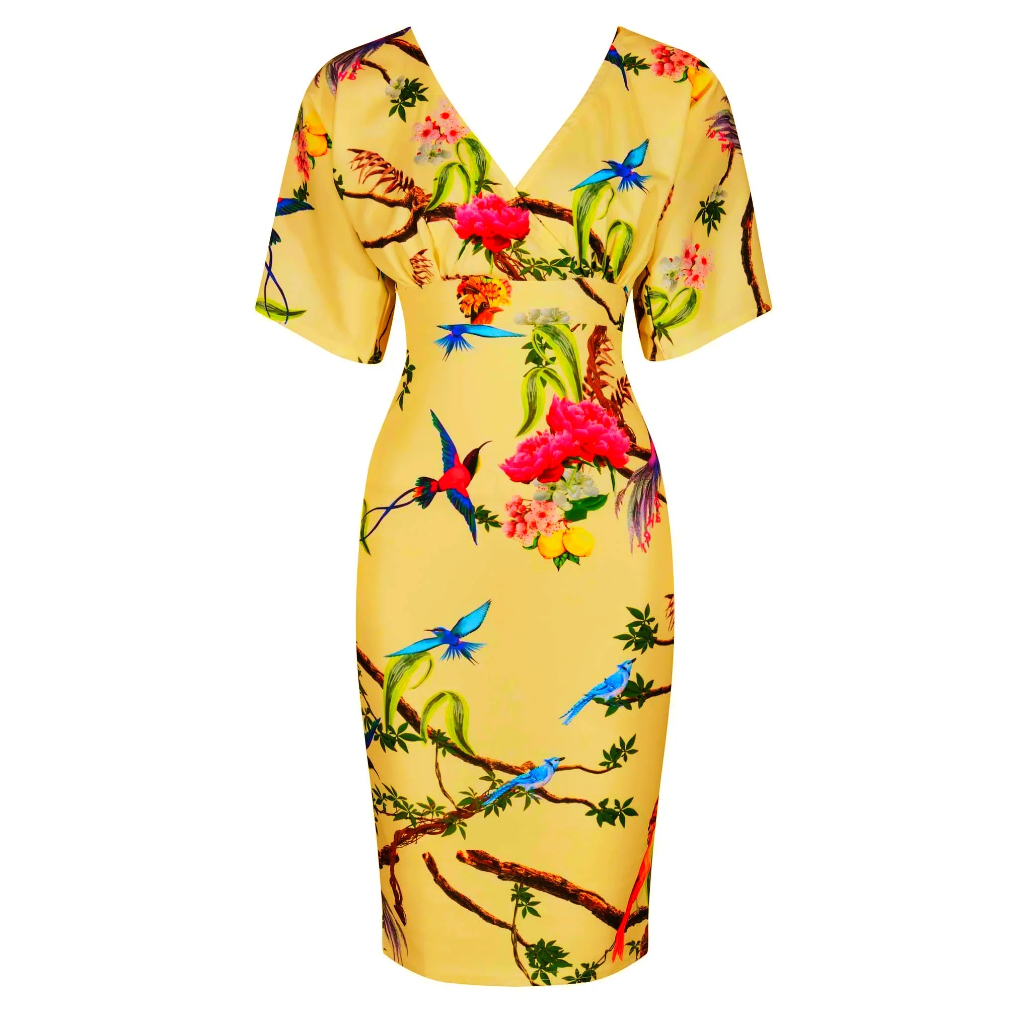 Honey Yellow Floral Bird Half Batwing Sleeve Crossover Top Pencil Dress