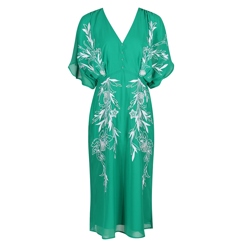 Hope & Ivy Green & White Plunge V Neck Flutter Sleeve Embroidered Midi Dress
