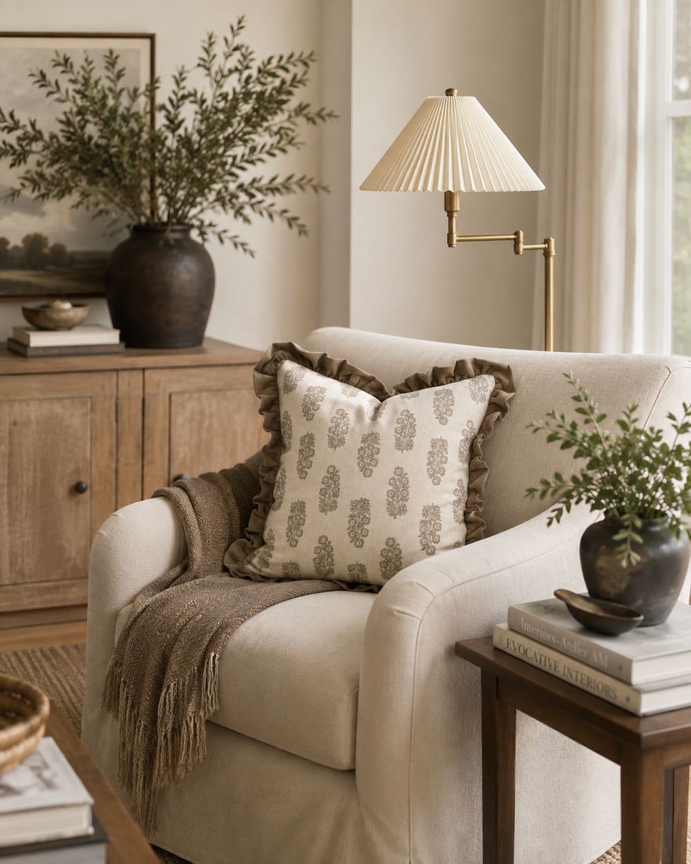 Taupe Block Print Floral Ruffle Cushion