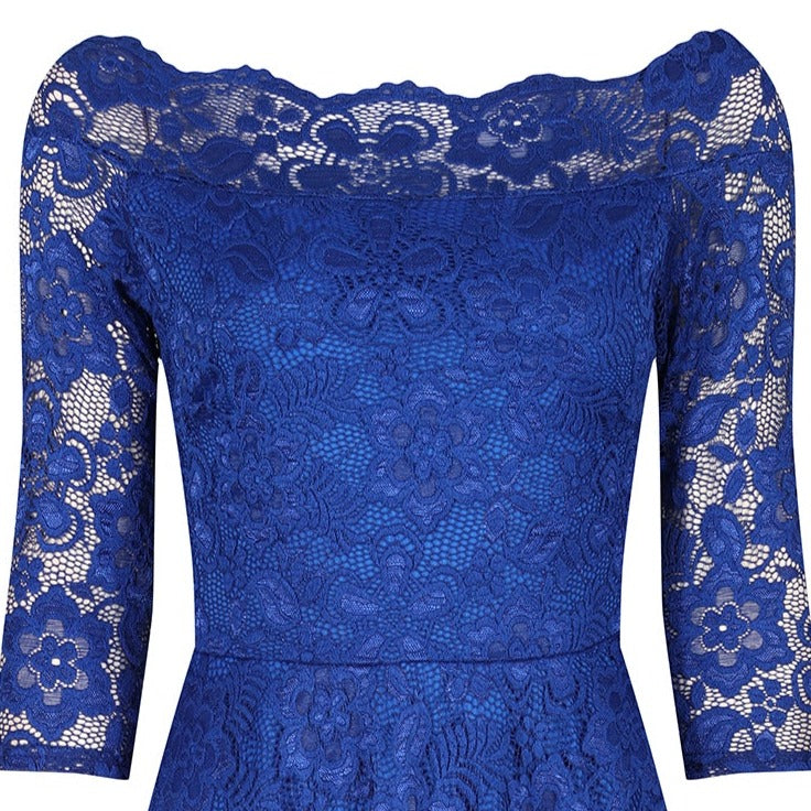 Royal Blue Lace Vintage Style Swing Dress With 3/4 Sleeves & Boat Neck
