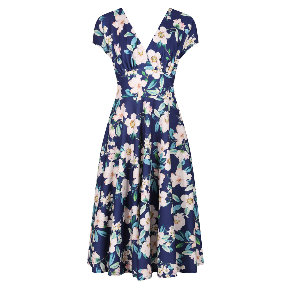 Navy Floral Vintage A Line Crossover Capped Sleeve Tea Swing Dress