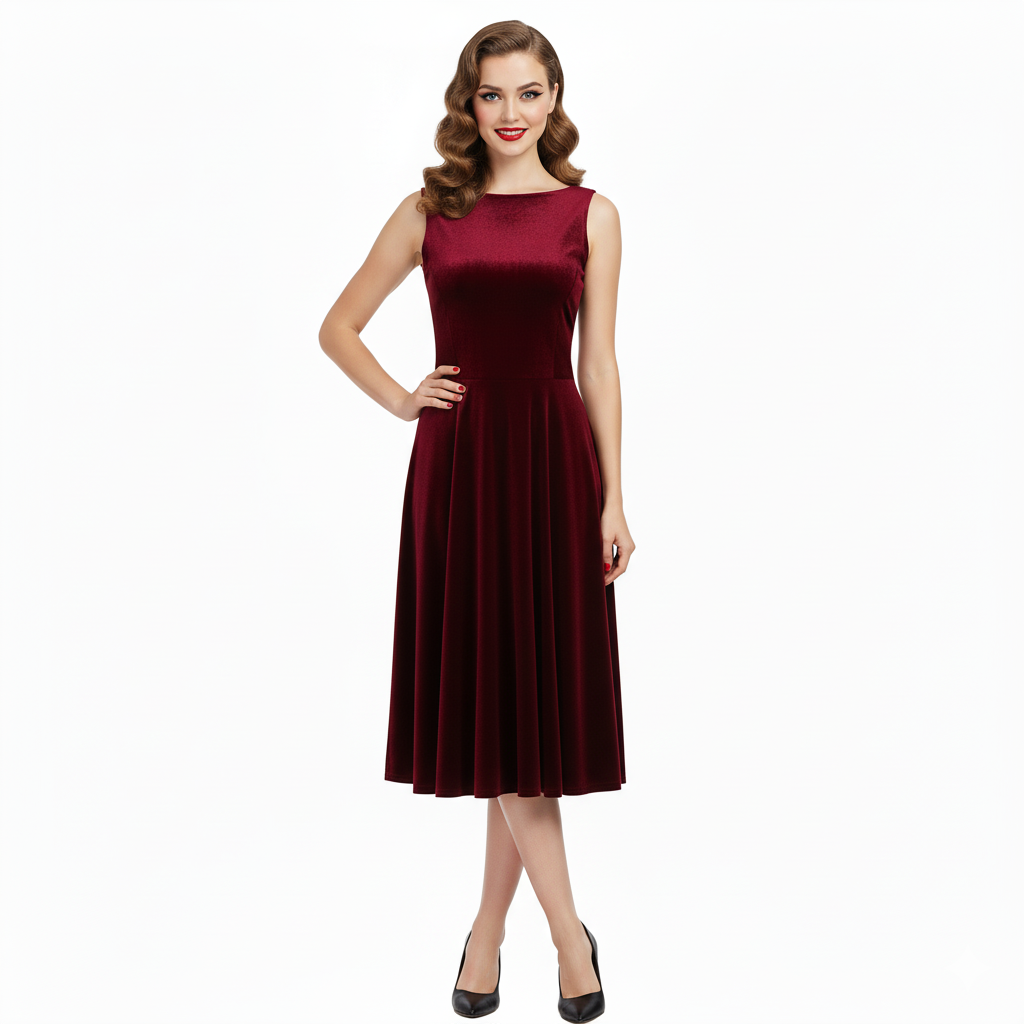 Claret Red Velour Audrey Style 1950s Swing Dress