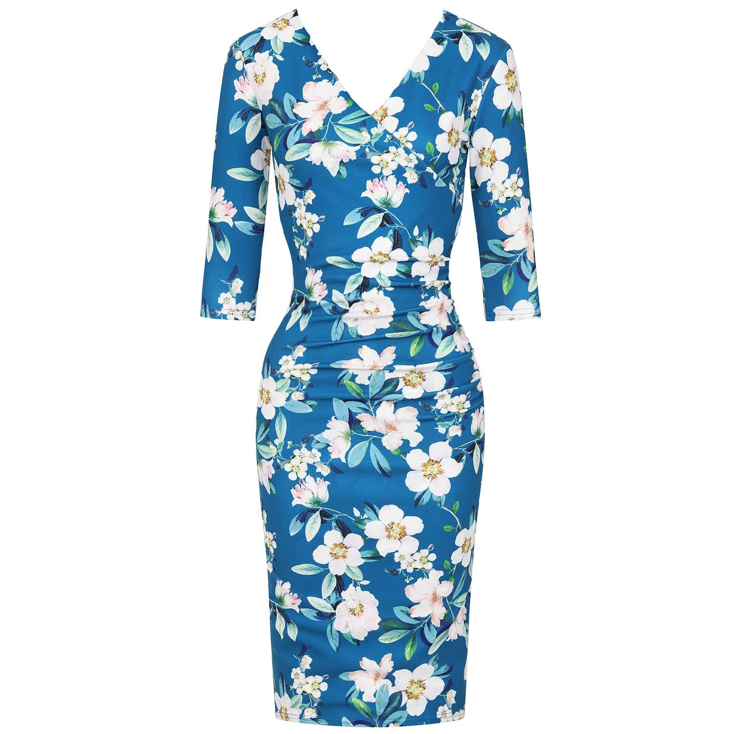 Teal Floral Print 40s 3/4 Sleeve Wiggle Wrap Dress