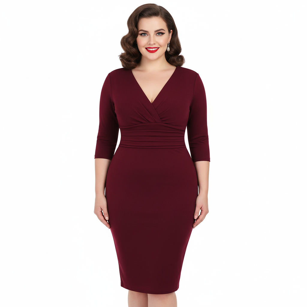 Wine Red 3/4 Sleeve Deep V Bodycon Ruched Waist Wiggle Dress