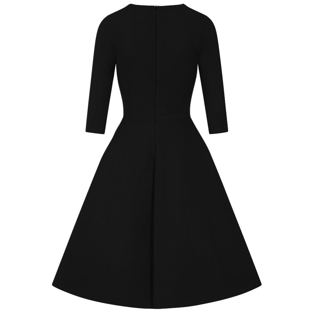 Black Cut Out Neckline 3/4 Sleeve 50s Swing Dress