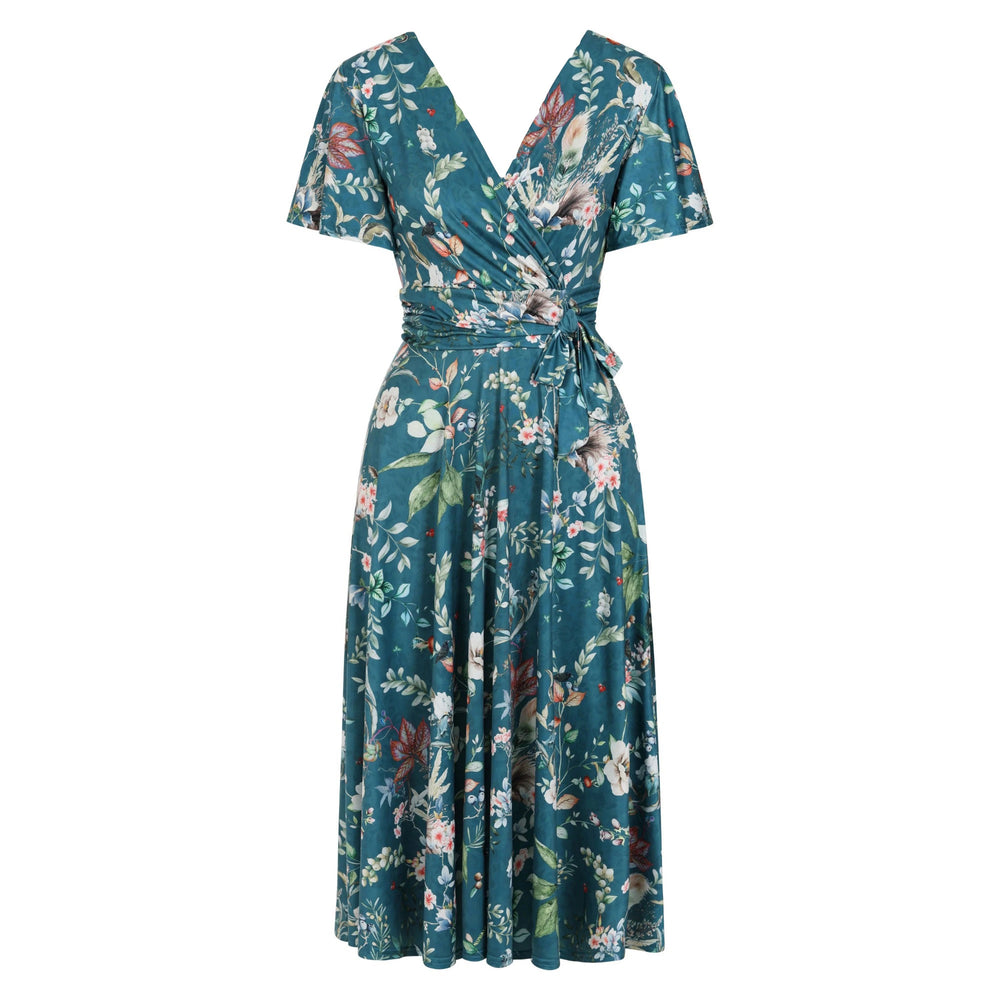 Teal Green Floral Wildlife Print Cap Sleeve V Neck Wrap Top Swing Dress