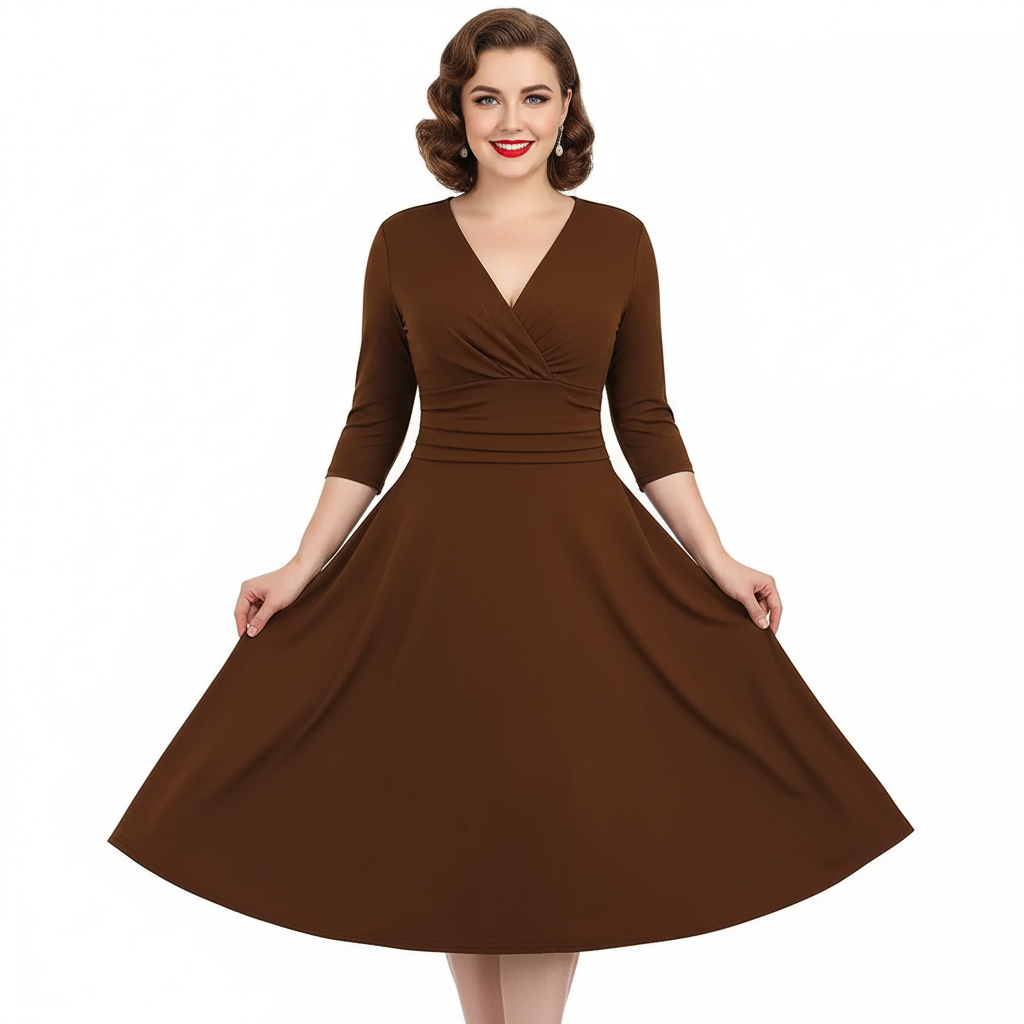 Chocolate Brown Deep V Neck A Line Vintage Ruched Waist 3/4 Sleeve Swing Midi Dress