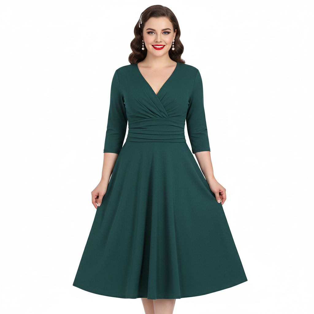 Forest Green Deep V Neck A Line Vintage Ruched Waist 3/4 Sleeve Swing Midi Dress