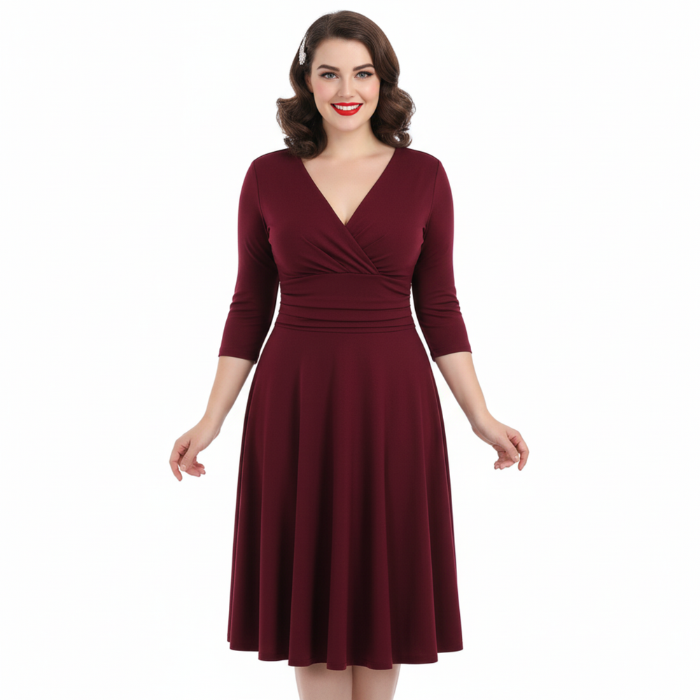Wine Red Deep V Neck A Line Vintage Ruched Waist 3/4 Sleeve Swing Midi Dress