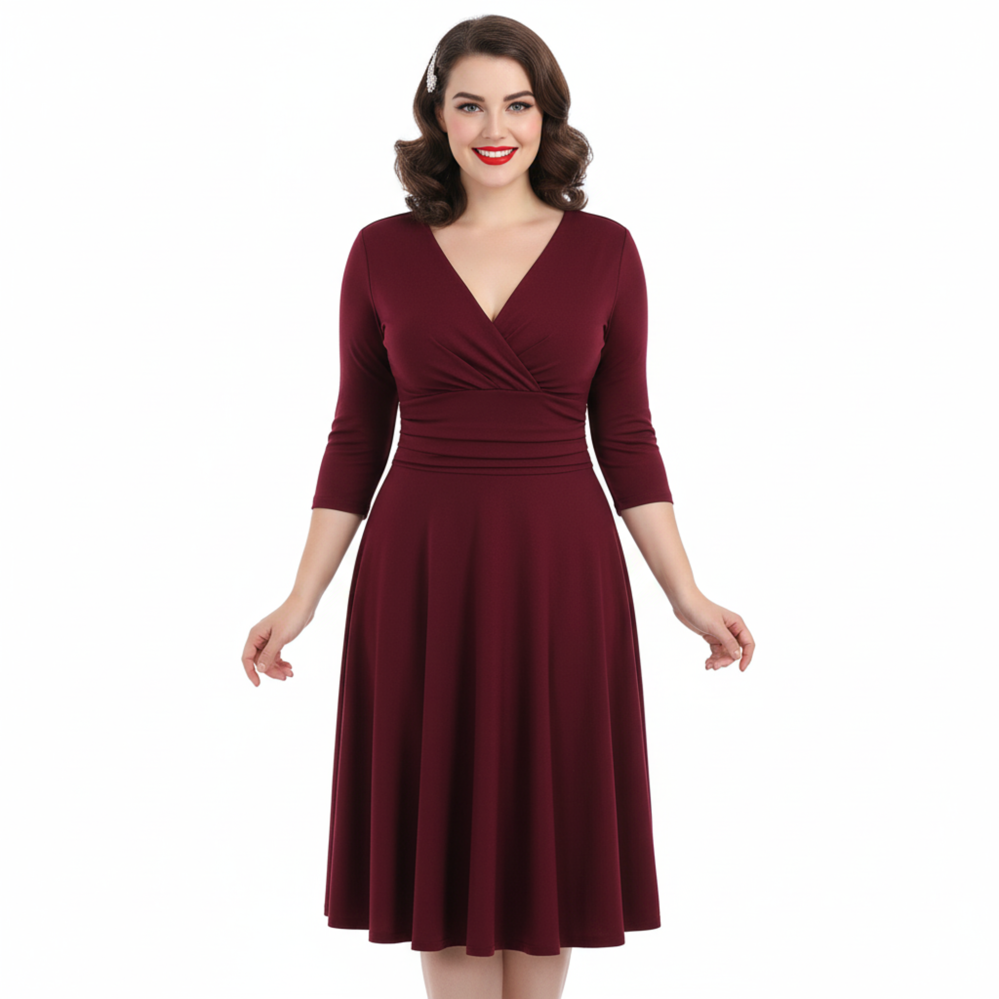 Wine Red Deep V Neck A Line Vintage Ruched Waist 3/4 Sleeve Swing Midi Dress