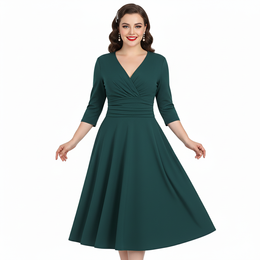 Forest Green Deep V Neck A Line Vintage Ruched Waist 3/4 Sleeve Swing Bridesmaid Midi Dress