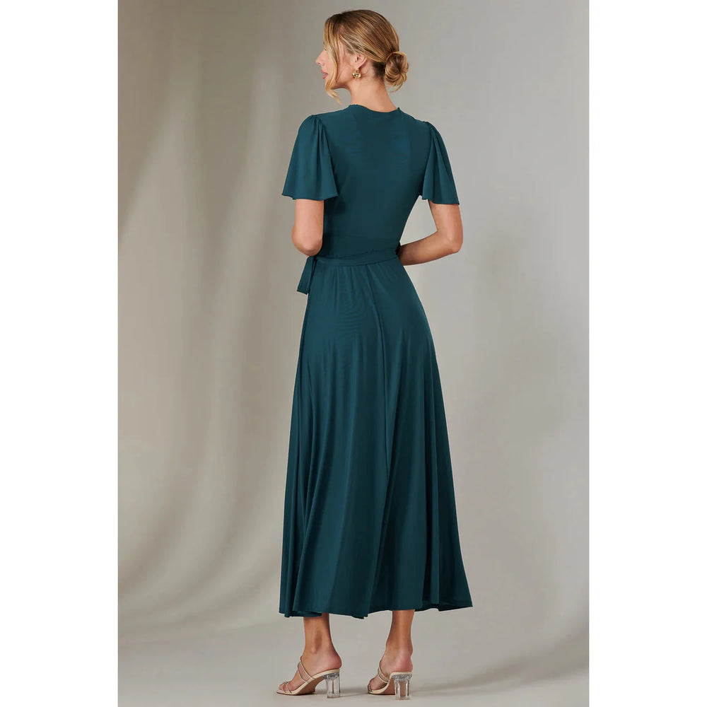 Jolie Moi Dark Teal Angel Sleeve Long Crossover Wrap Dress