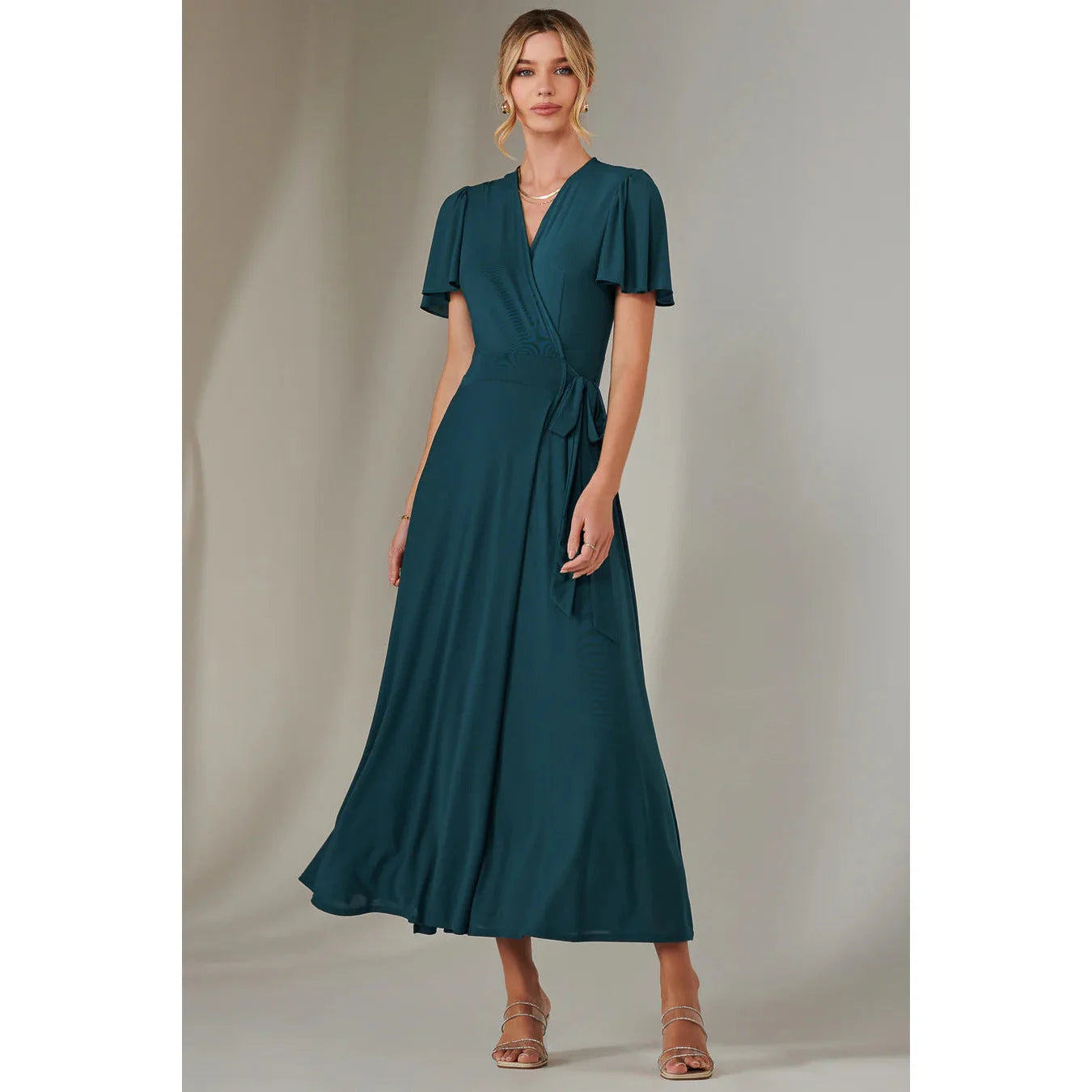 Jolie Moi Dark Teal Angel Sleeve Long Crossover Wrap Dress