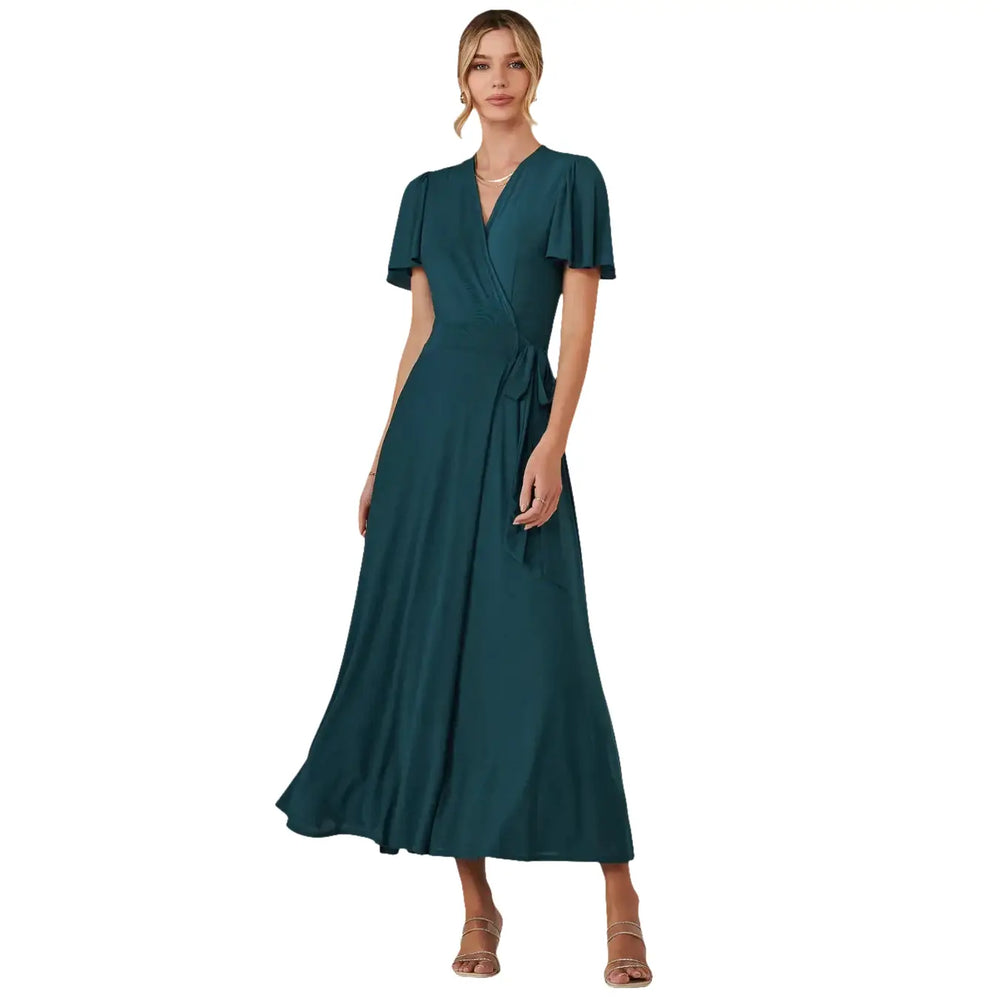 Jolie Moi Dark Teal Angel Sleeve Long Crossover Wrap Dress