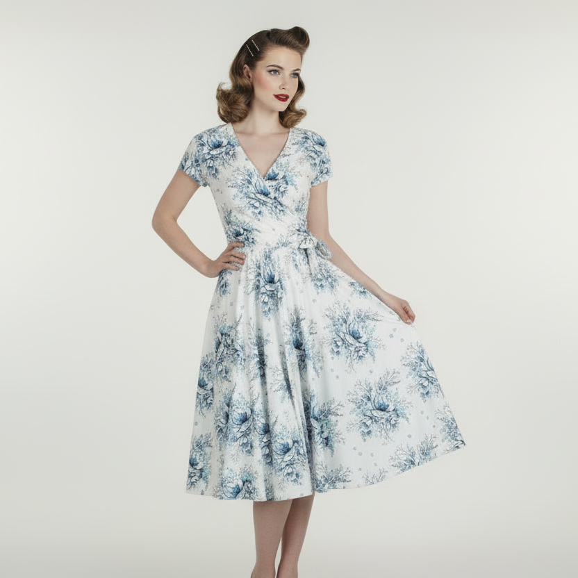 White And Blue Floral Print Cap Sleeve Crossover Top Swing Dress