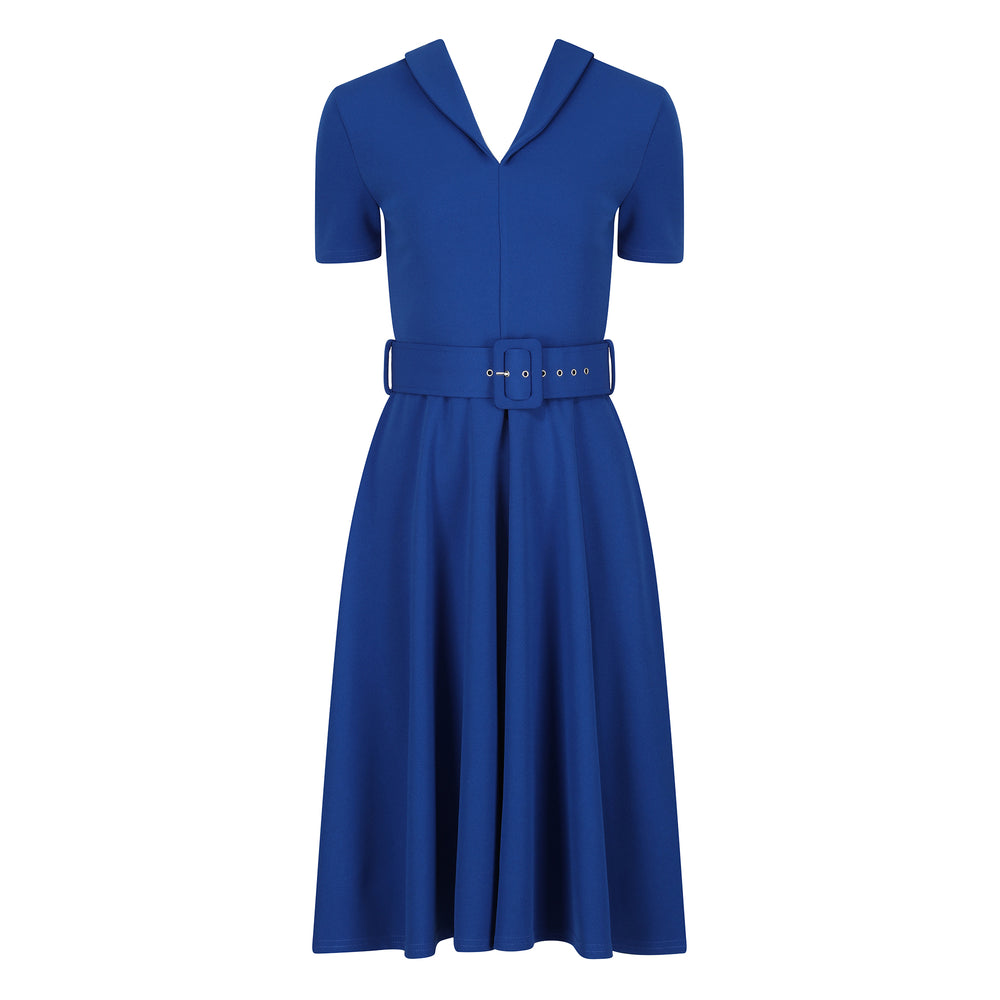Royal blue belted midi dress with V-neck collar office dress
