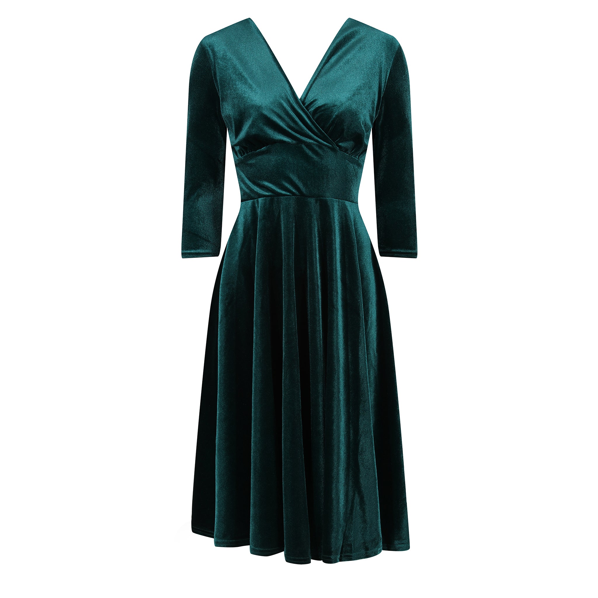 Green Velour Vintage A Line Crossover 3/4 Sleeve Tea Swing Dress