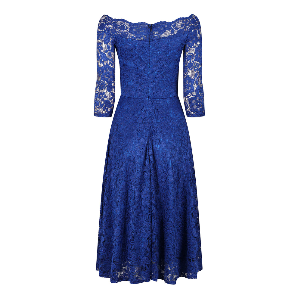 Royal Blue Lace Vintage Style Swing Dress With 3/4 Sleeves & Boat Neck