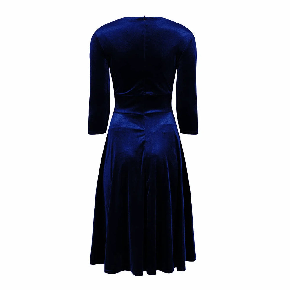 Navy Blue Velour Vintage A Line Crossover 3/4 Sleeve Tea Swing Dress