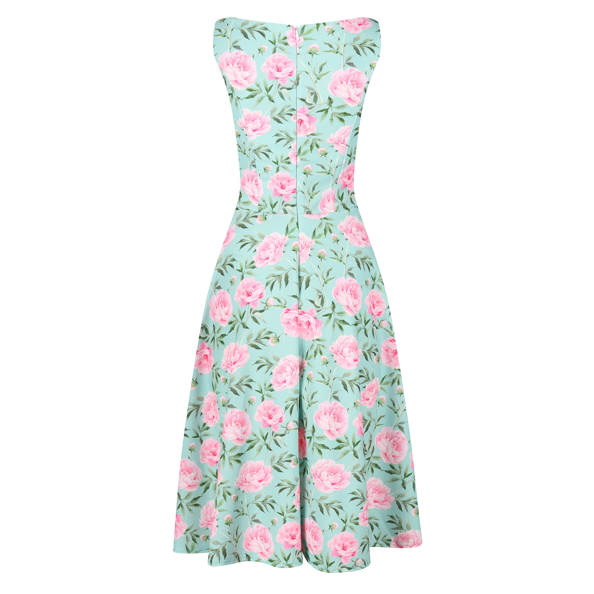 Mint Green And Pink Floral Print Audrey Style 1950s Swing Dress
