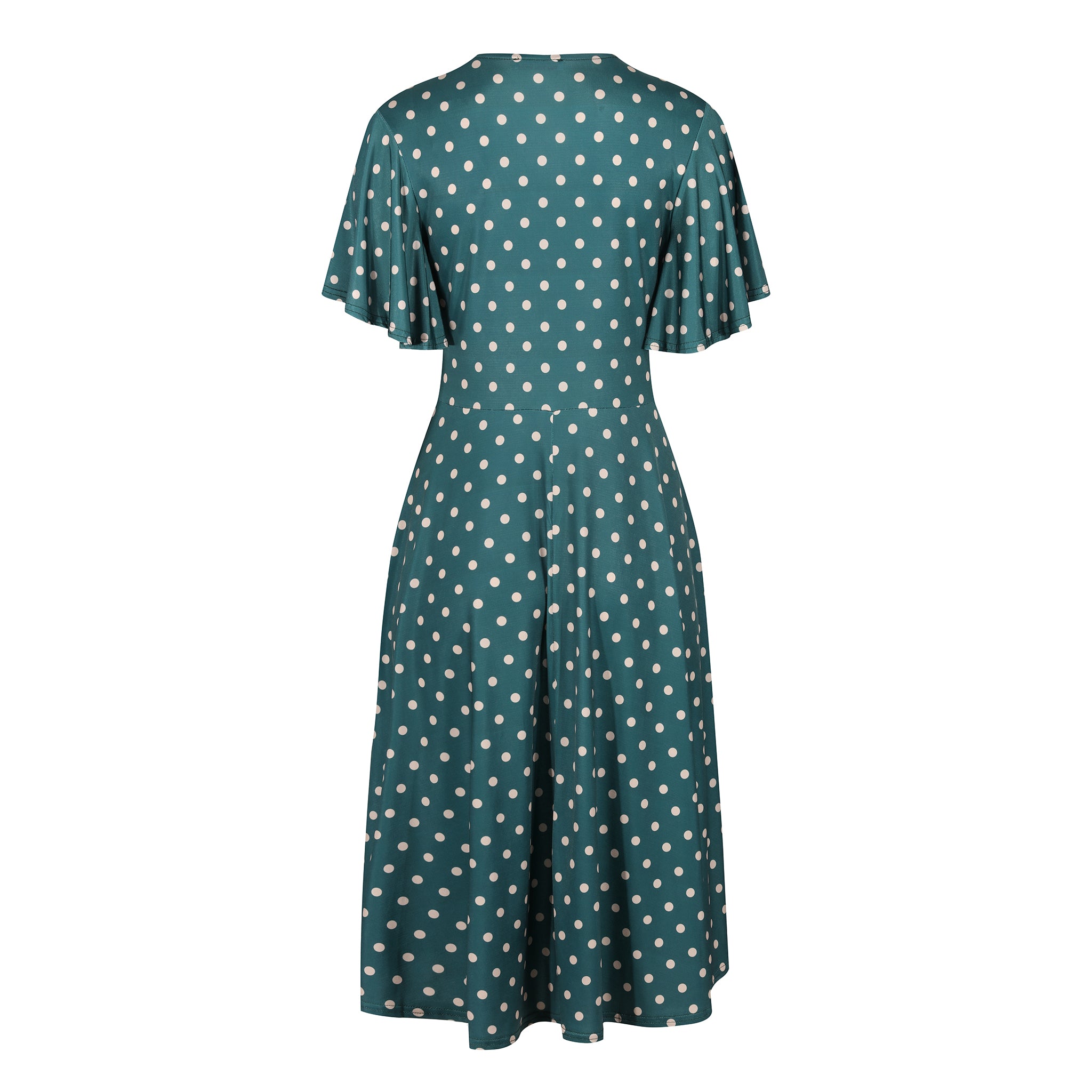Green & Off White Polka Dot V Wrap Style Swing Dress with Waterfall Sleeves