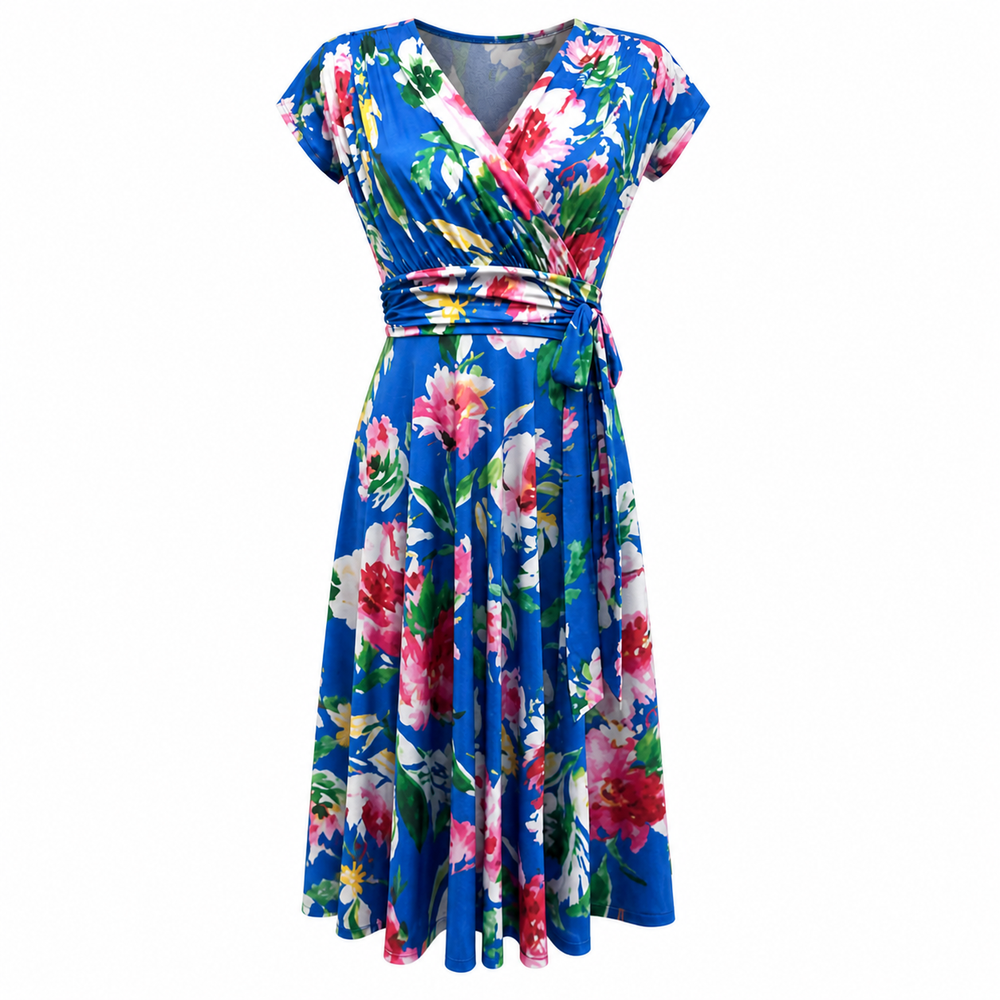 Royal Blue Pink Floral Cap Sleeve Fit And Flare Midi Dress