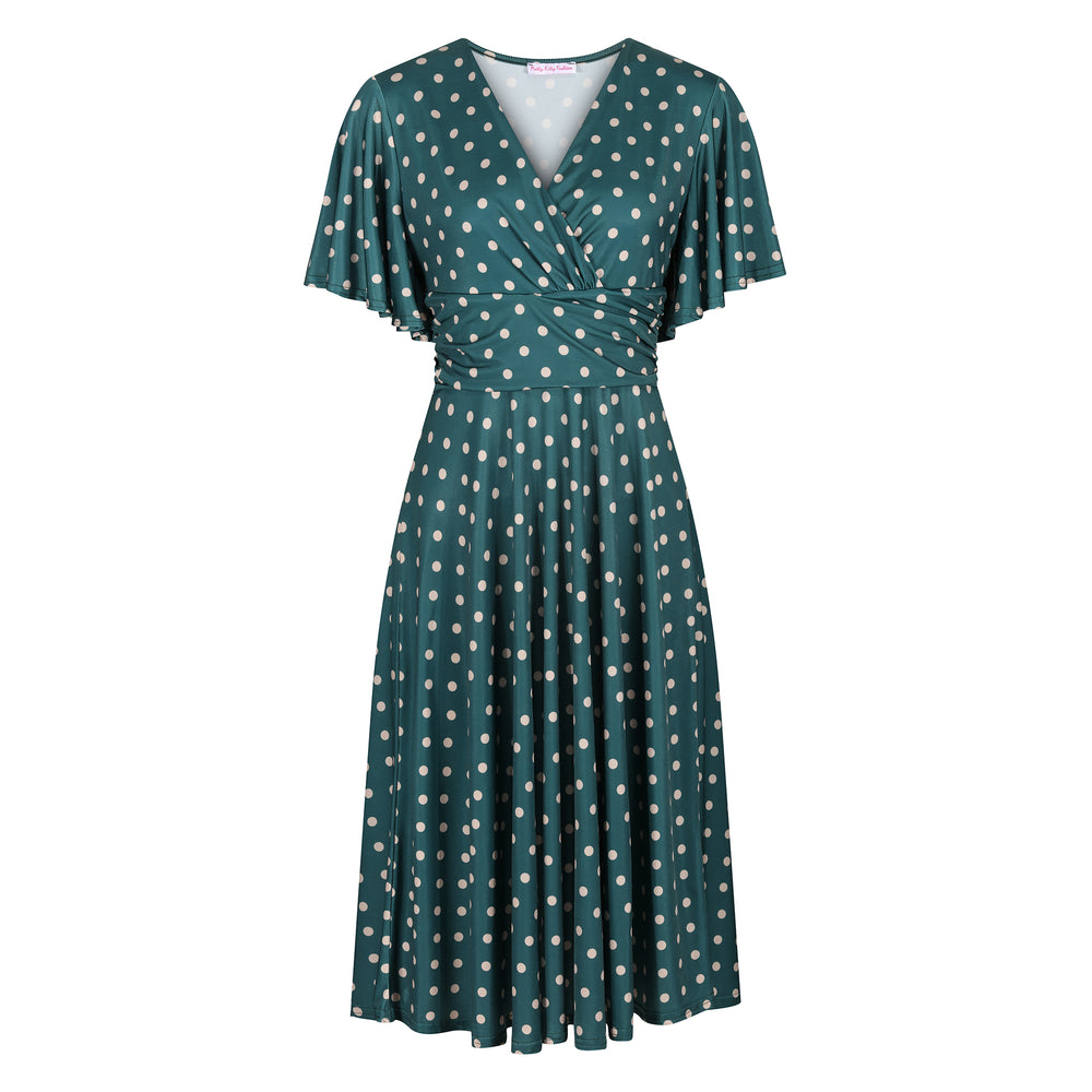 Green & Off White Polka Dot V Wrap Style Swing Dress with Waterfall Sleeves