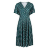 Green & Off White Polka Dot V Wrap Style Swing Dress w/ Waterfall Sleeves