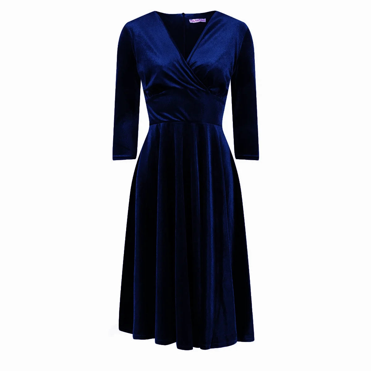 Navy Blue Velour Vintage A Line Crossover 3/4 Sleeve Tea Swing Dress