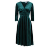 Green Velour Vintage A Line Crossover 3/4 Sleeve Tea Swing Dress
