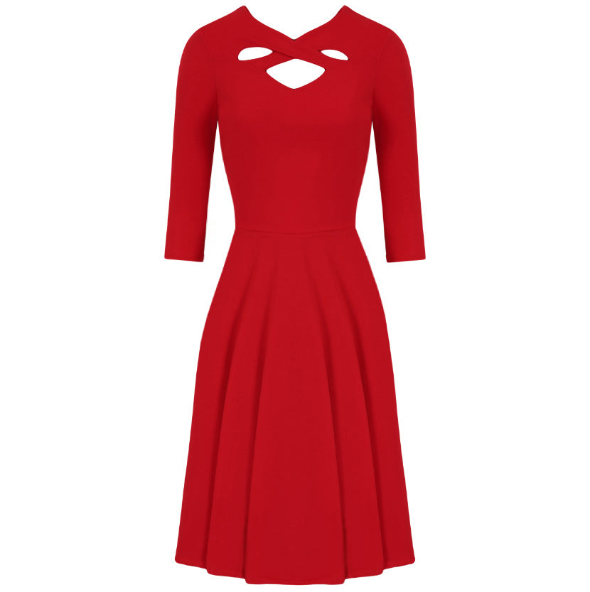 Red Cut Out Neckline 3/4 Sleeve 50s Swing Dress