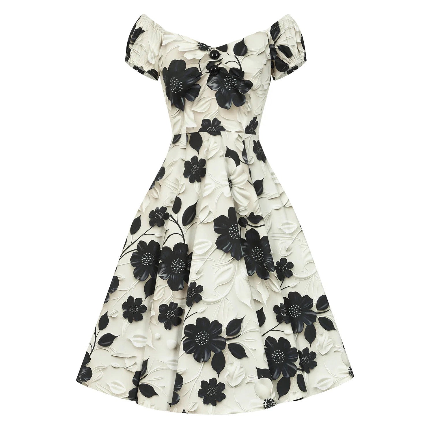 1950s Black Floral Ivory Swing Dress Stretch Cotton Fit And Flare