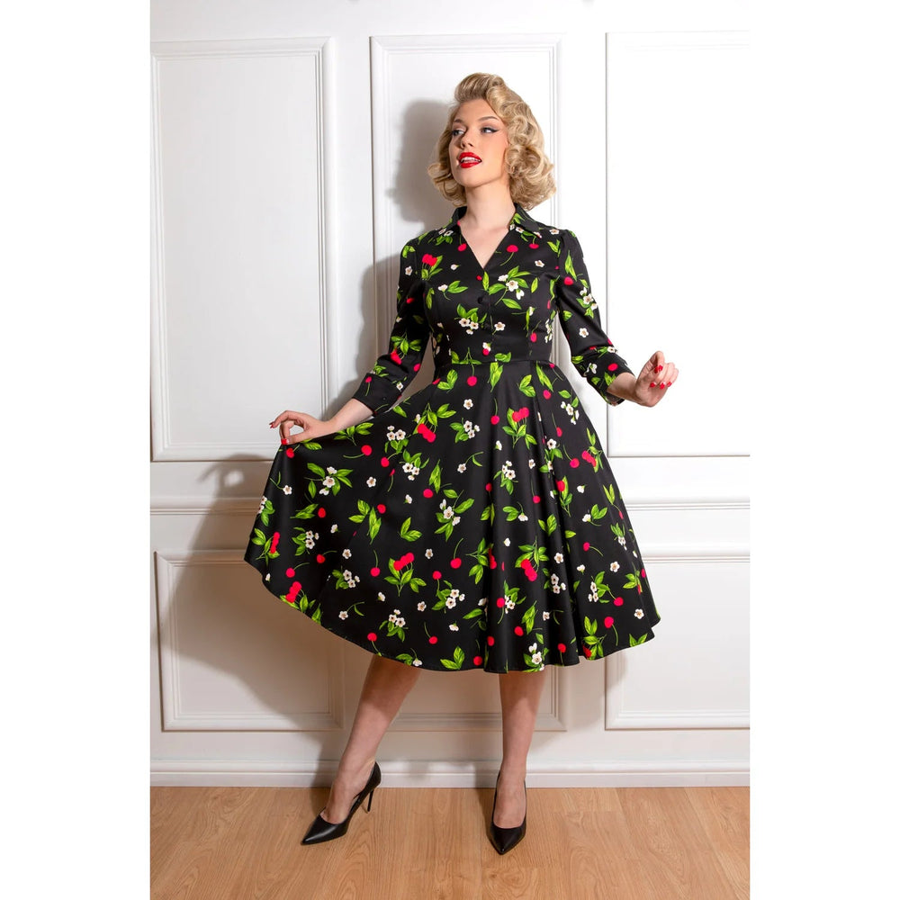 Black & Red Cherry Print Collared V Neck Rockabilly 50s Swing Dress w/ Pockets