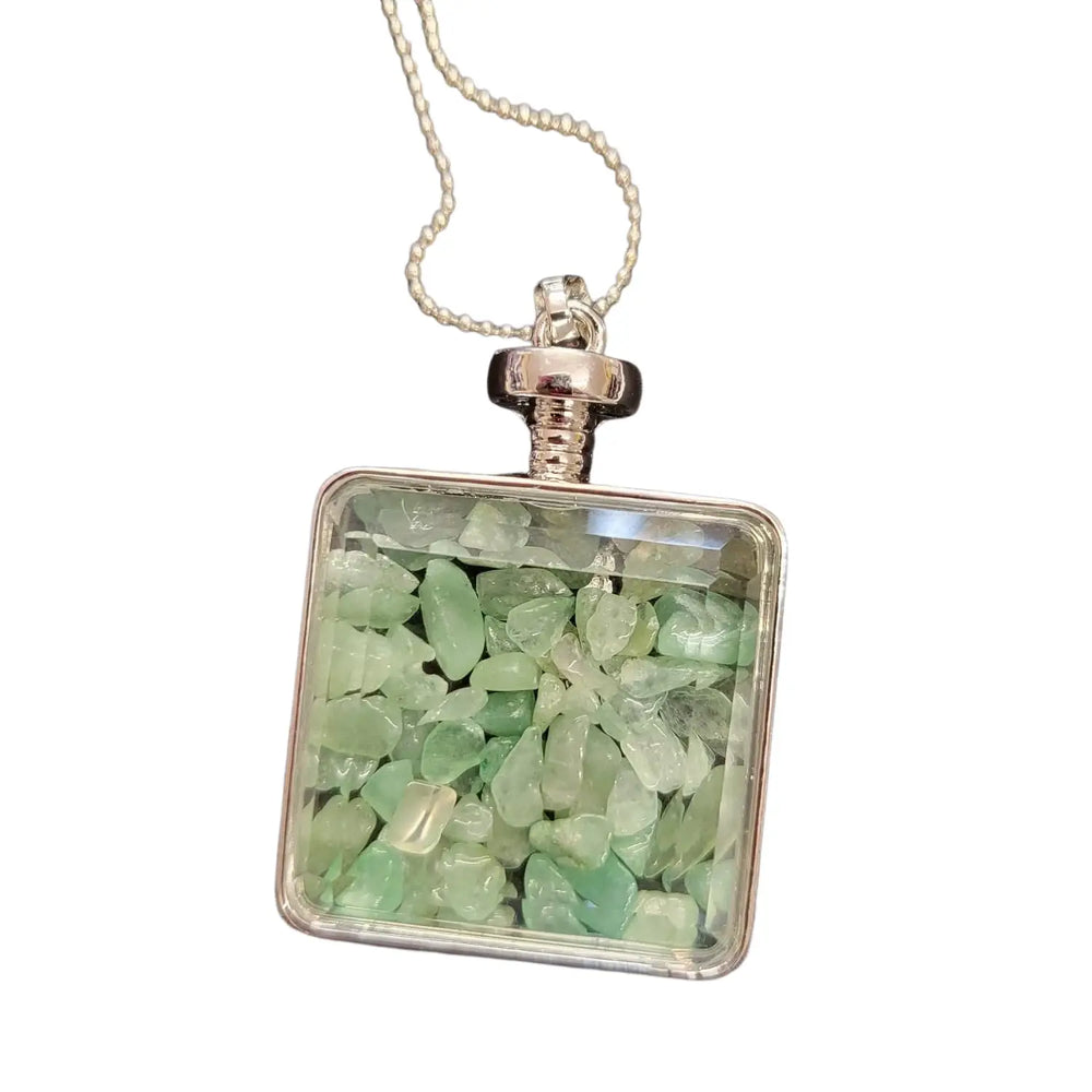 Silver Green Stone Glass Crystal Pendant Necklace