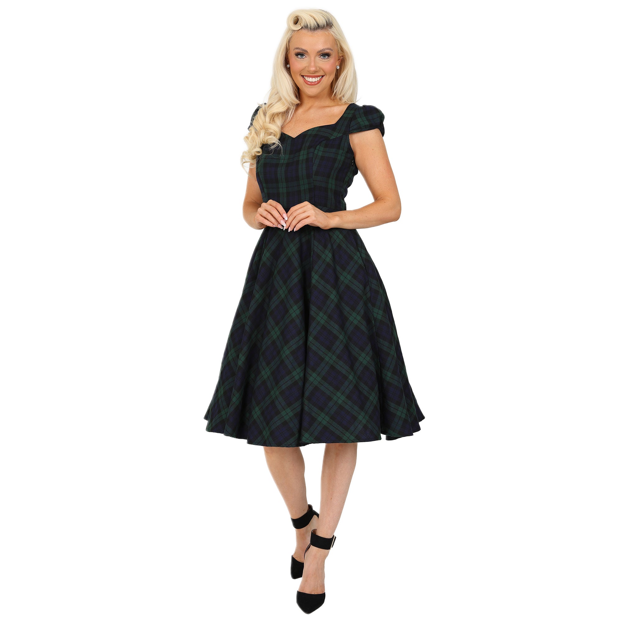 Green and Blue Woven Tartan Check Rockabilly Burns 50s Swing Dress