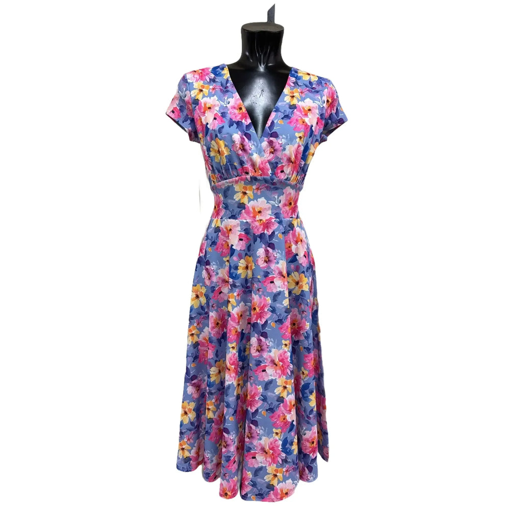 Blue With Pink And Yellow Flowers Floral Wrap Top A Line Swing Tea Dress With Cap Sleeves